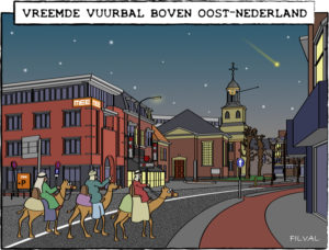 Cartoon vreemde vuurbal boven Oost-Nederland