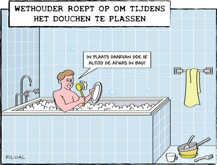 Cartoon oproep om tijdens het douchen te plassen