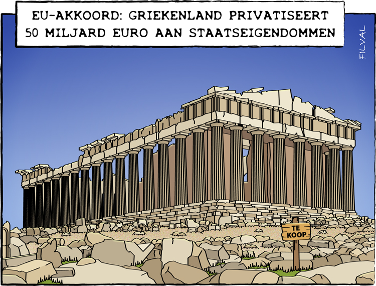 Cartoon privatisatie staatseigendommen Griekenland