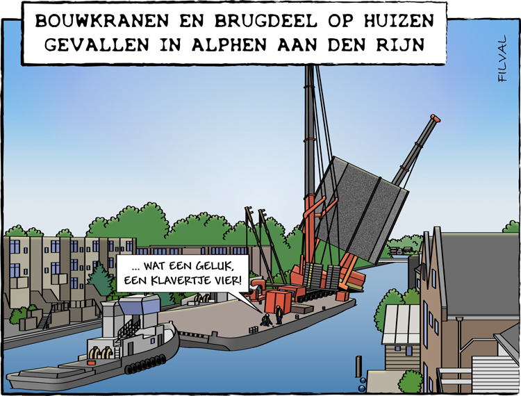 Cartoon bouwkranen en brugdeel in Alphen aan den Rijn