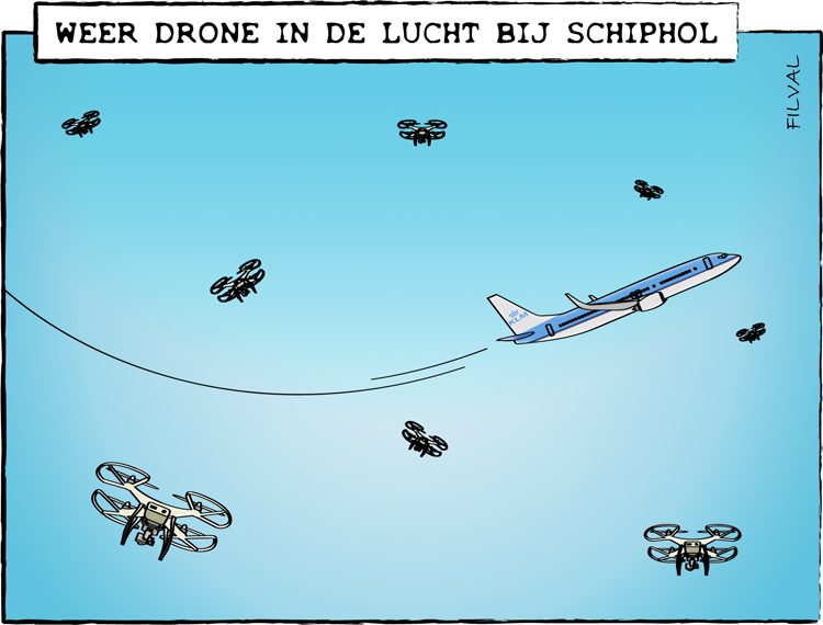 Cartoon drone bij Schiphol