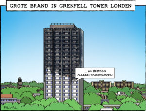 Cartoon grote brand in Grenfell Tower Londen