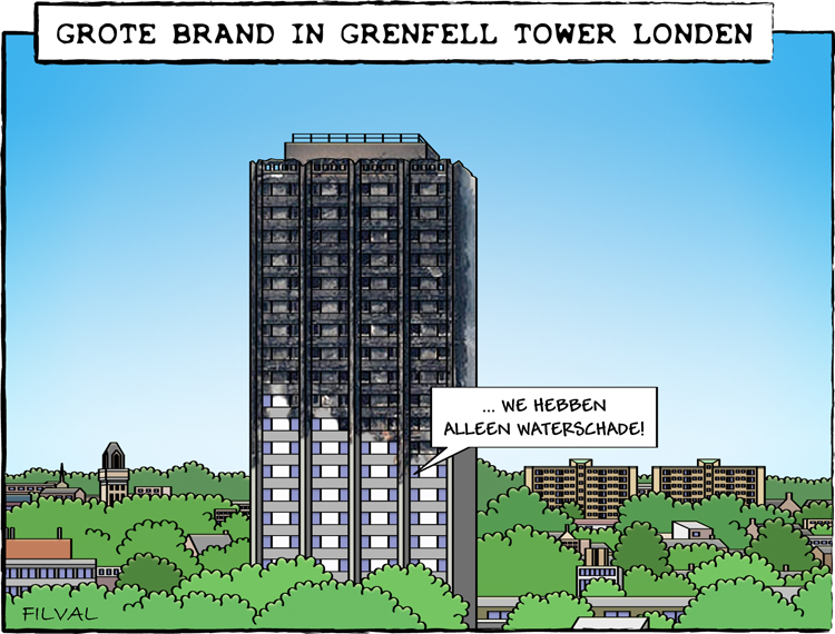 Cartoon grote brand in Grenfell Tower Londen