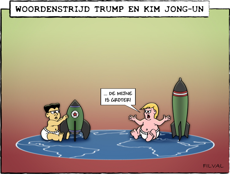 Cartoon woordenstrijd Trump en Kim Jong-un