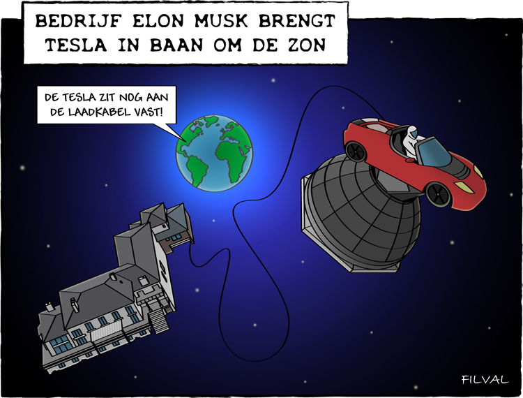 Cartoon Tesla in baan om de zon