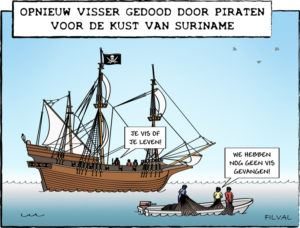 Cartoon piraten voor de kust van Suriname